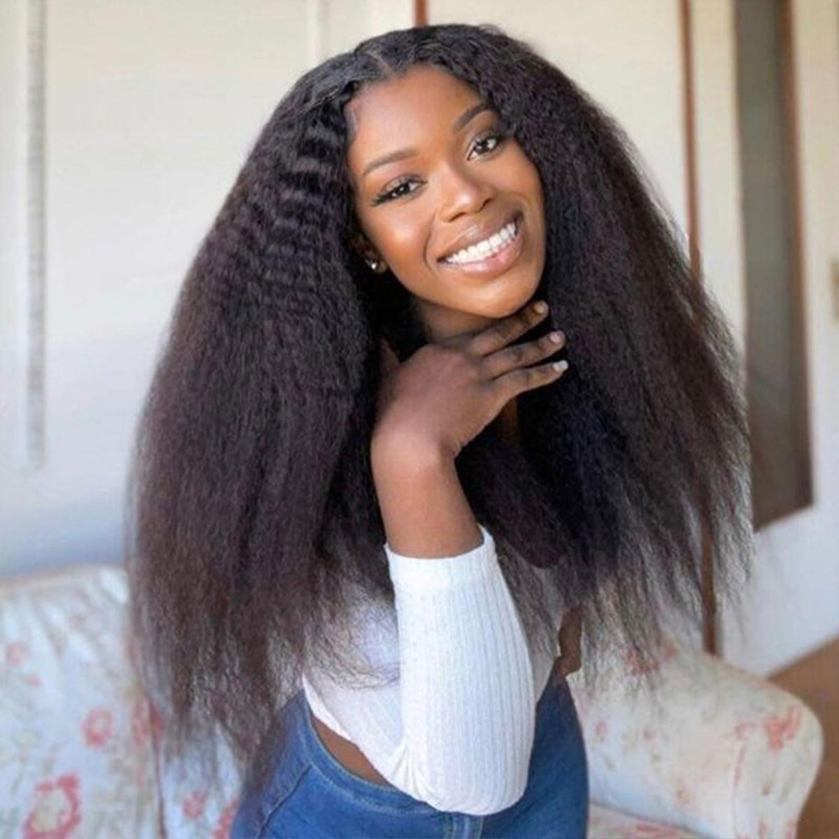 DSEKCAIN Real Full Lace Human Hair Wigs Afro Kinky Straight Wig HD Transparent Full Lace Wig Whole Lace Yaki Straight Human Hair Wigs For Women 150% Density 1B Natural Color 20Inch
