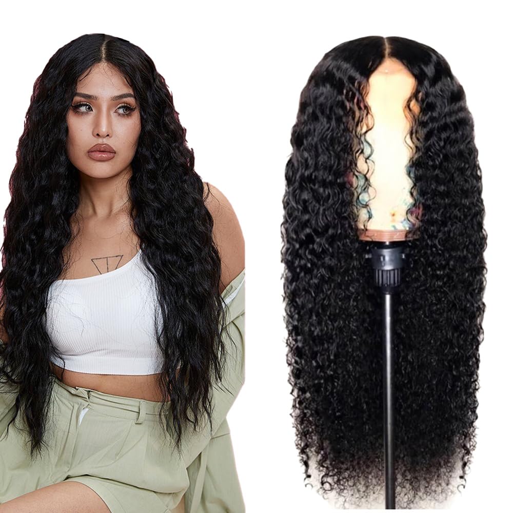 ExdAs 26 Inch Long Curly Lace Front Wigs Deep Wave Human Hair Wig Lace Closure Wigs High Definition Transparent Lace Frontal Wigs for Black Women Middle Natural