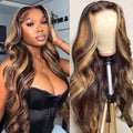 Koreyo Highlight Lace Front Wig Pre Plucked 13x4X1 HD Glueless Lace Front Wig for Women Natural Looking Synthetic Heat Resistant Fiber Lace Wig (26 Inch Brown Mix Blonde)