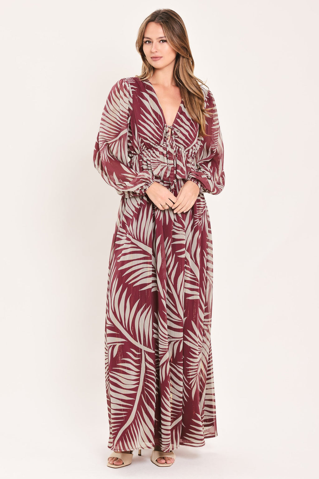 MERLOT LEAVES IN MOTION WOVEN MAXI DRESS s