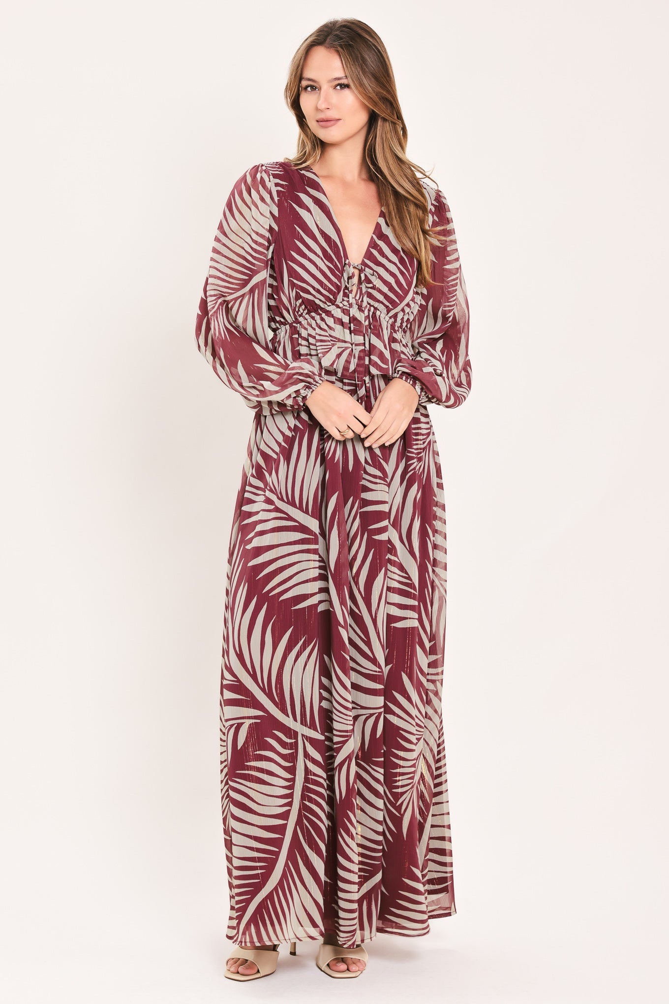 MERLOT LEAVES IN MOTION WOVEN MAXI DRESS s