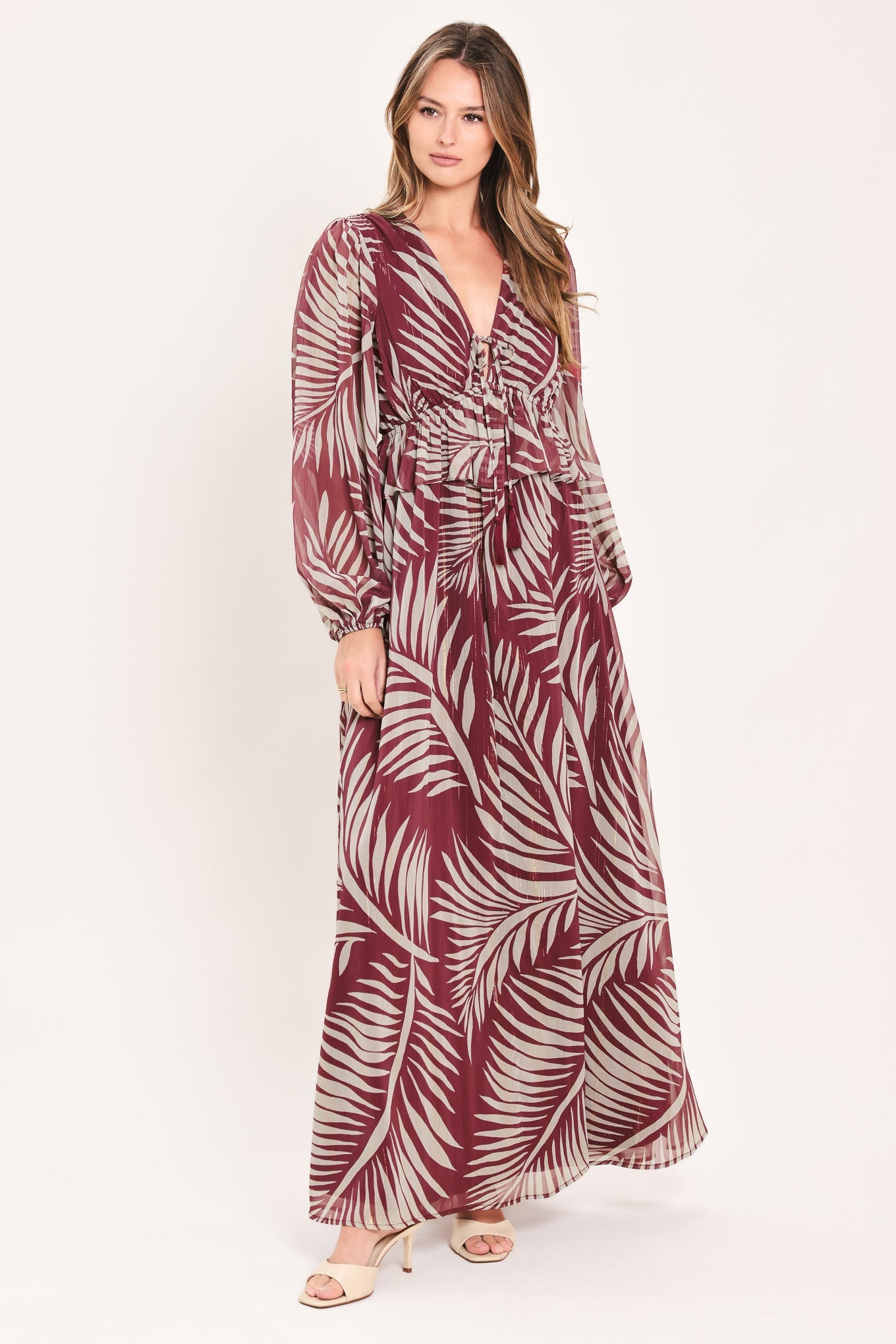 MERLOT LEAVES IN MOTION WOVEN MAXI DRESS s