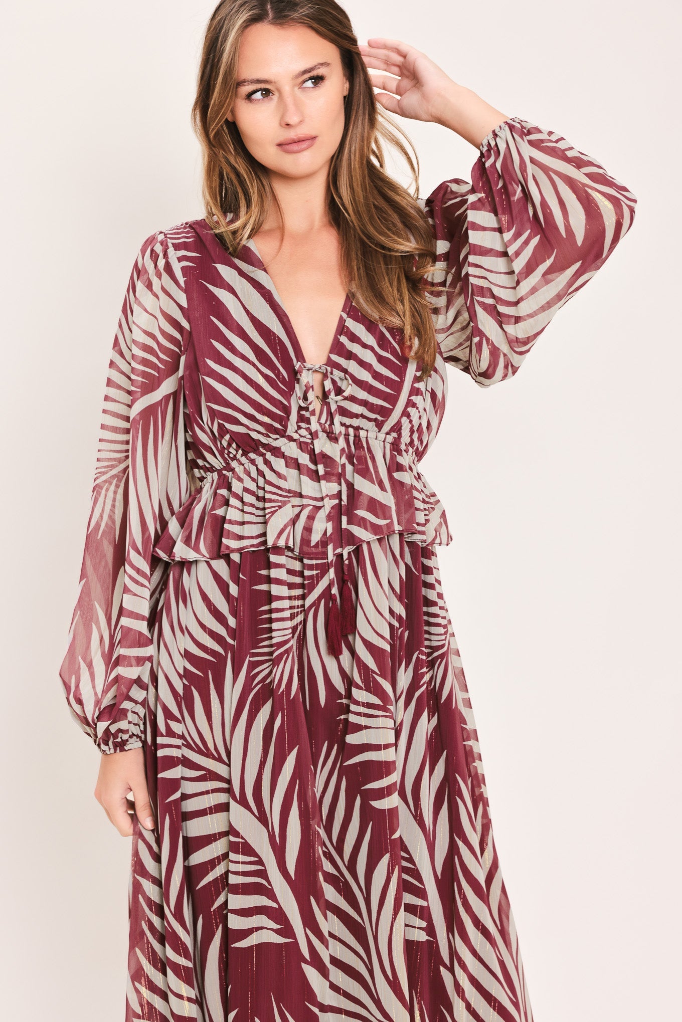 MERLOT LEAVES IN MOTION WOVEN MAXI DRESS s