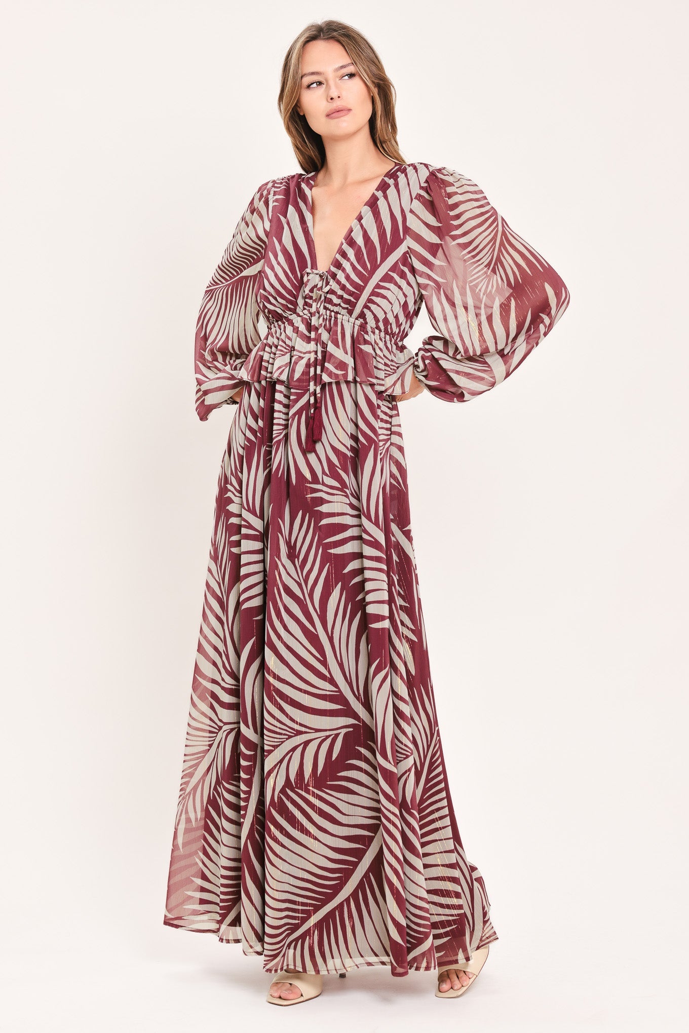 MERLOT LEAVES IN MOTION WOVEN MAXI DRESS s
