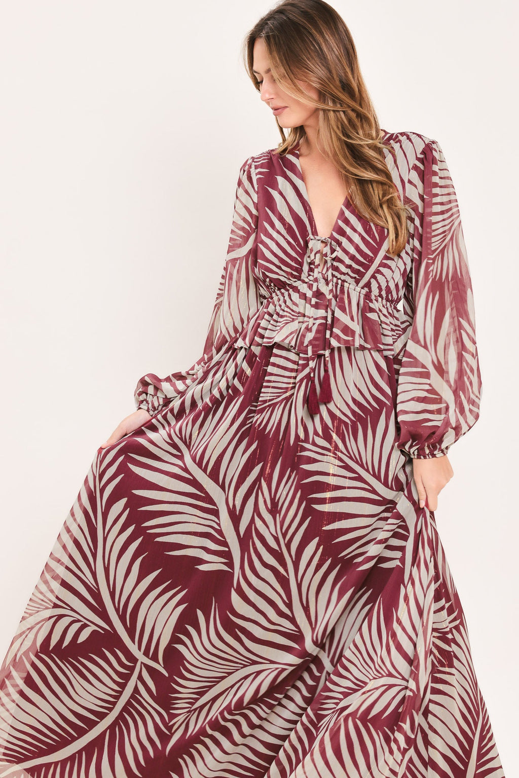 MERLOT LEAVES IN MOTION WOVEN MAXI DRESS s