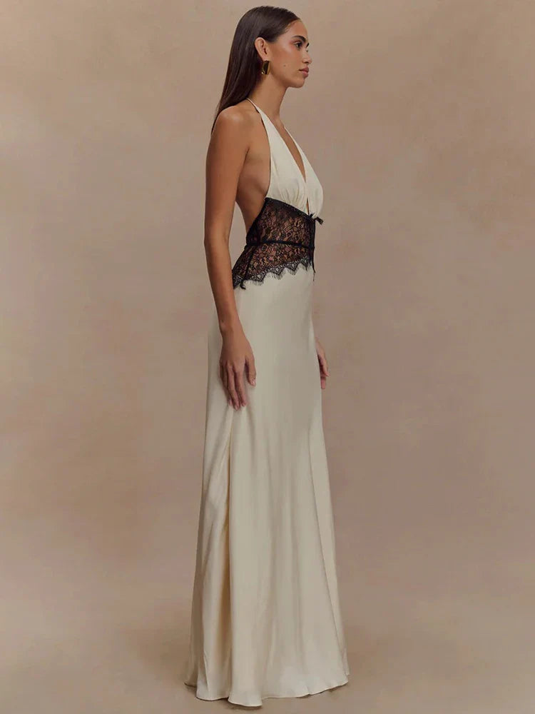 Mozision Summerr Backless/ Sexyy Maxi Dress Women Gown Patchwork Lace Halter Deep V Neck Sleeveless High Waist Elegant Long Dress
