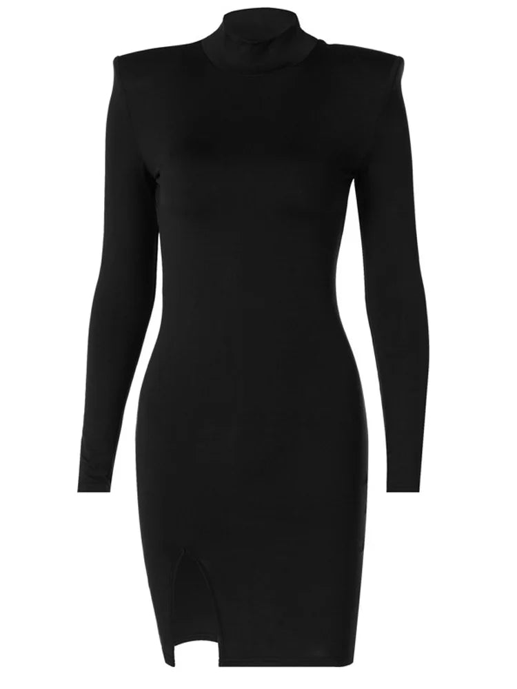 Women Spring Autumn Longg Sleeve Bodycon Soildr Color Black Slim Package Hip Mini Dress Female Clothing Streetwear