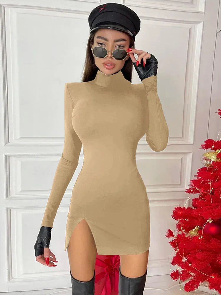 Women Spring Autumn Longg Sleeve Bodycon Soildr Color Black Slim Package Hip Mini Dress Female Clothing Streetwear