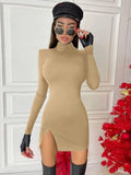 Women Spring Autumn Longg Sleeve Bodycon Soildr Color Black Slim Package Hip Mini Dress Female Clothing Streetwear