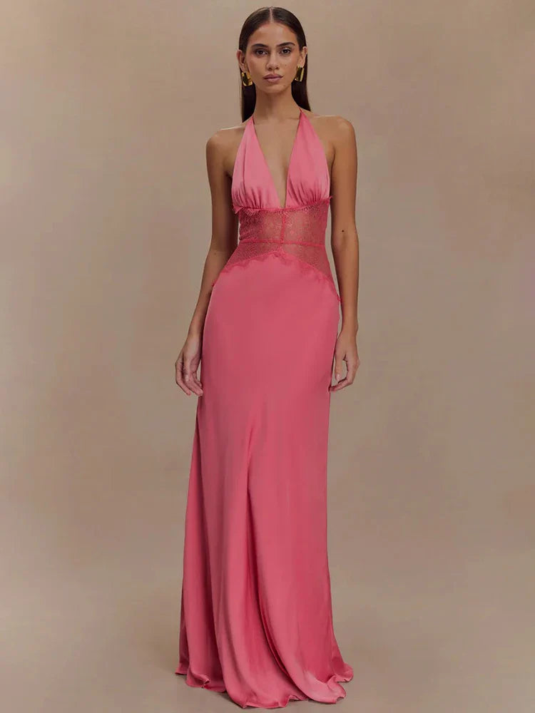 Mozision Summerr Backless/ Sexyy Maxi Dress Women Gown Patchwork Lace Halter Deep V Neck Sleeveless High Waist Elegant Long Dress