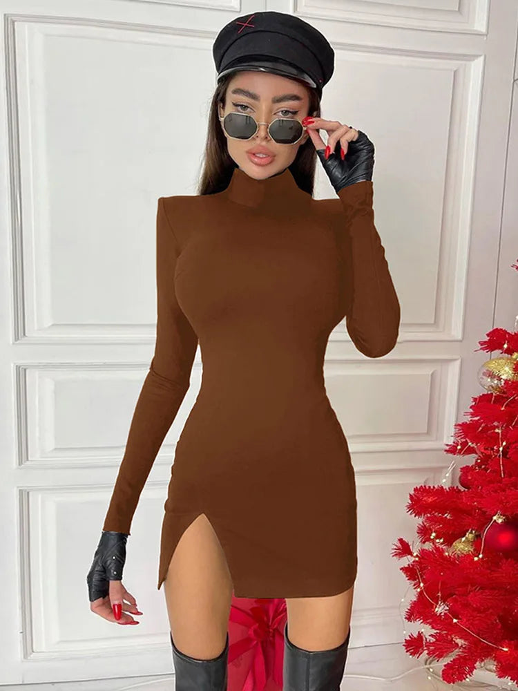 Women Spring Autumn Longg Sleeve Bodycon Soildr Color Black Slim Package Hip Mini Dress Female Clothing Streetwear