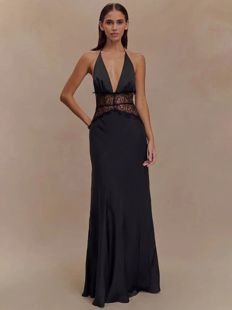 Mozision Summerr Backless/ Sexyy Maxi Dress Women Gown Patchwork Lace Halter Deep V Neck Sleeveless High Waist Elegant Long Dress