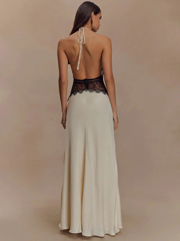Mozision Summerr Backless/ Sexyy Maxi Dress Women Gown Patchwork Lace Halter Deep V Neck Sleeveless High Waist Elegant Long Dress