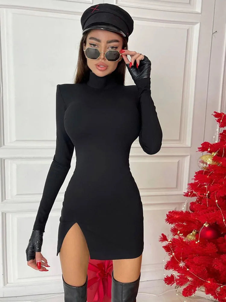 Women Spring Autumn Longg Sleeve Bodycon Soildr Color Black Slim Package Hip Mini Dress Female Clothing Streetwear