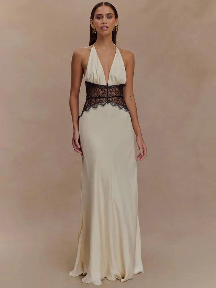 Mozision Summerr Backless/ Sexyy Maxi Dress Women Gown Patchwork Lace Halter Deep V Neck Sleeveless High Waist Elegant Long Dress