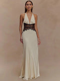 Mozision Summerr Backless/ Sexyy Maxi Dress Women Gown Patchwork Lace Halter Deep V Neck Sleeveless High Waist Elegant Long Dress