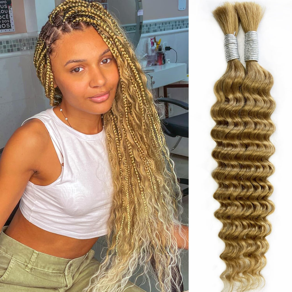 Honey Blonde Deep Wave Human Hair Bulk 26 Inch 100g 27 Boho Braids Human Braiding Hair Curly Human Hair For Bohimian Braids Human Hair 2 Bundles 100% Human Hair Water Wave For Braiding