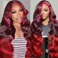 haha 99J Red and Pink Lace Front Wig Human Hair Red Highlight Ombre Lace Front Wig Burgundy Pink Skunk Stripe Wig Human Hair Glueless Body Wave Hd Lace Frontal Wig Pre Plucked 22 Inch 150% Density