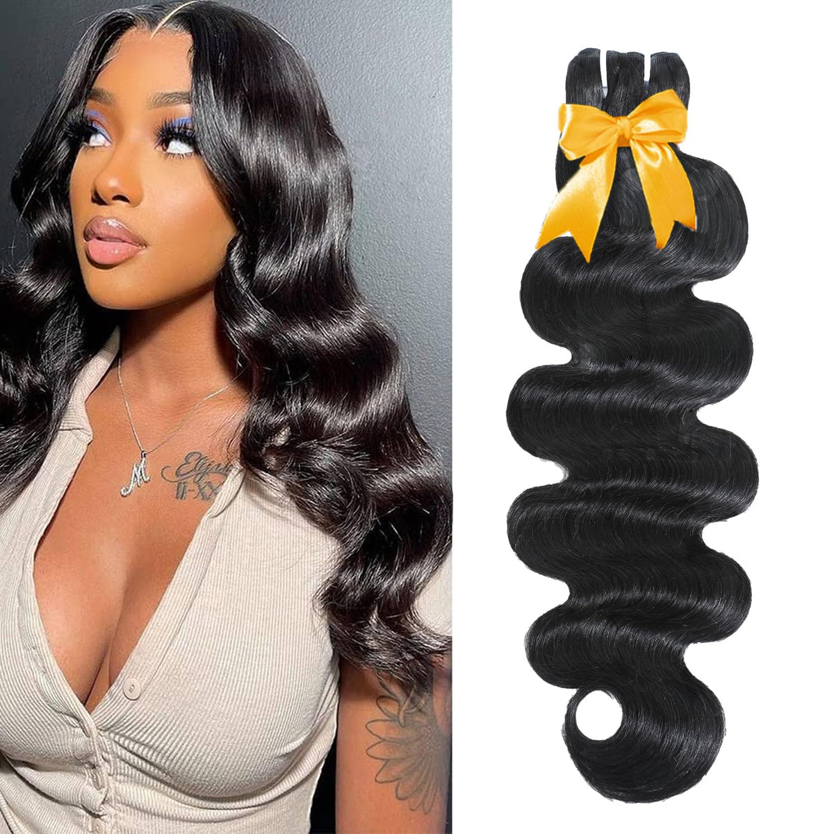 Human Hair Bundles Body Wave Bundles Human Hair Bundle 100% Unprocessed Brazilian Virgin Human Hair 12A Quick Weave Bundles Real Human Hair Extensions Natural Black（24 Inch）