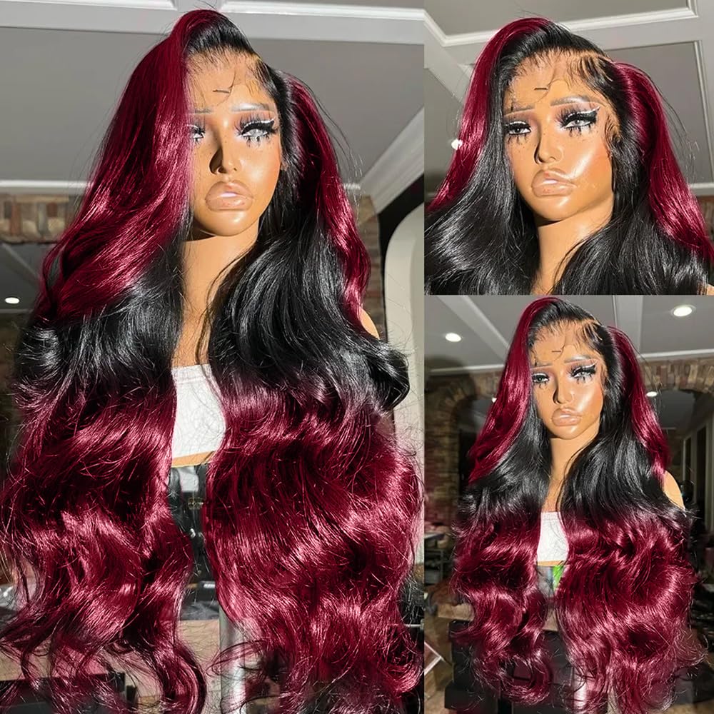 200 Density Burgundy Lace Front Wigs Human Hair 360 HD Transparent Lace Front Wigs Human Hair Glueless Wigs Human Hair With Baby Hair Red Wig For Women Human Hair Lace Front Wigs(32Inch)