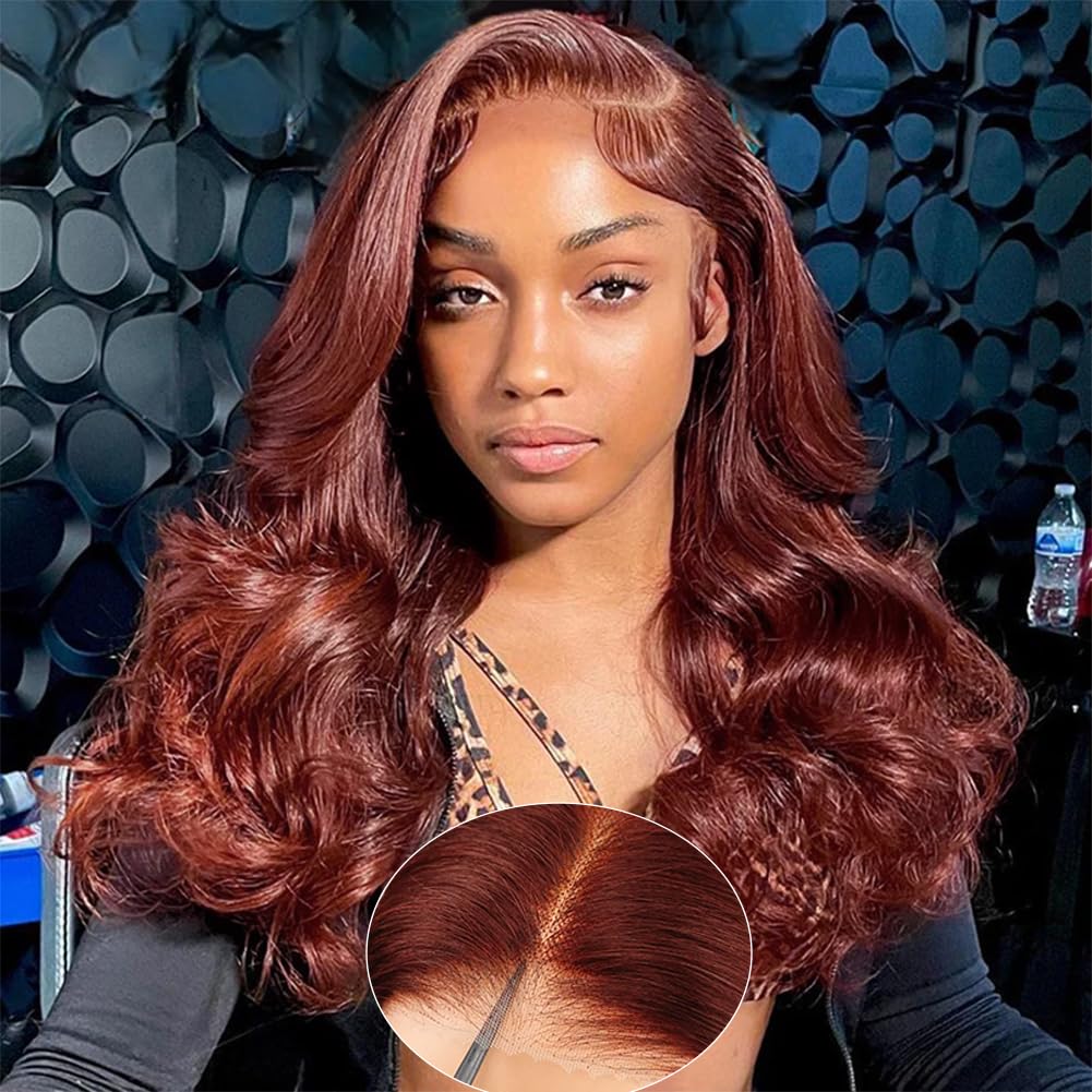 AHUFALU Reddish Brown Glueless Wigs 7x5 Pre Cut Closure HD Lace Human Hair Wear and Go Reddish Brown Lace Front Wigs Human Hair 180% Density 16inch Copper Human Hair Wig
