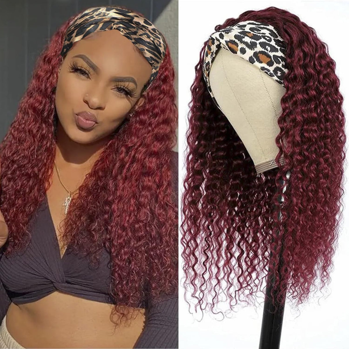 Bellarayine Headband Wig Human Hair Deep Wave Human Hair Headband Wig Glueless Curly Hair Human Hair Wigs None Lace Front Wigs Human Hair for Black Women Human Hair (8inch99J)